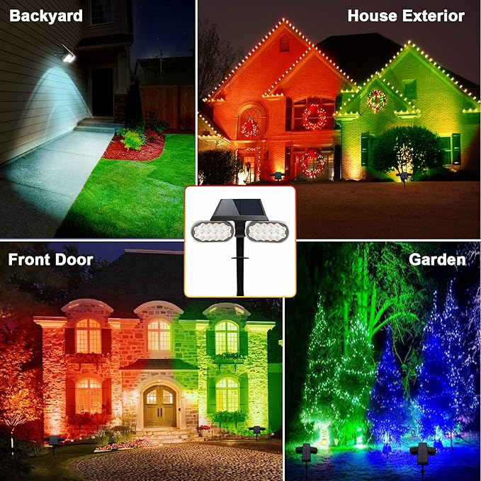 EMANER Outdoor Solar Spot Lights, Dusk to Dawn Solar Powered Landscape Spotlight Stay On, 5 Modes Super Bright Colorful Solar Stake Light for Exterior Halloween Christmas Decorations, 4-Pack