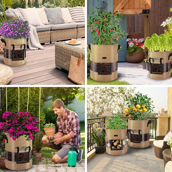 Visible Strawberry Sweet Potato Grow Bags 7 Gallon with Flap Window 3-Pack, Heavy Duty Thickened Aeration Nonwoven Fabric Pots with Handles, Come with 3-Pcs Plant Labels&Lens Hoods