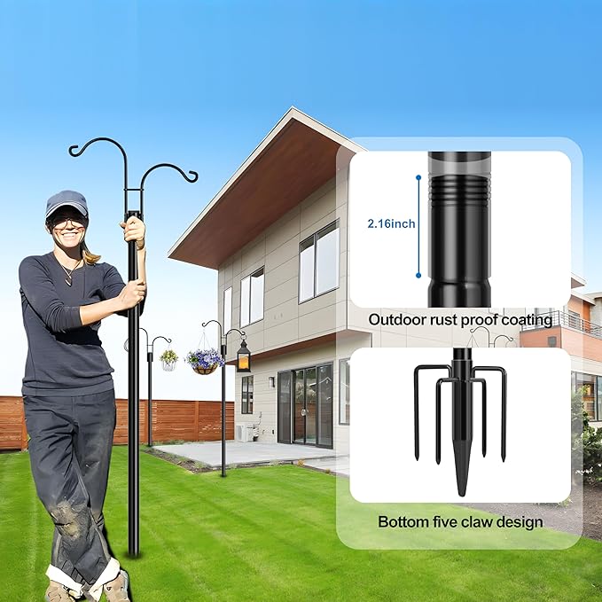 Ottsuls Bird Feeder Pole, 2 Pack 108 INCH Double Shepherds Hooks for Outdoor, Garden Pole with 5 Base Prongs Heavy Duty Planter Hooks for Hanging Plant Baskets, Lantern, Hummingbird Feeder