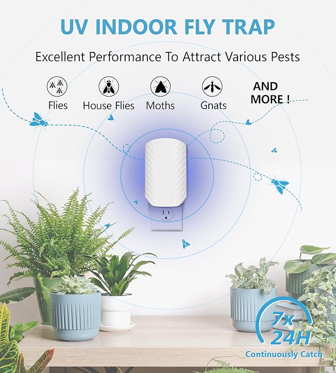 Flying Insect Trap for Indoors, Bug Killer Light Trap for Fruit Flies, Gnats, Moths, and Houseflies, 1 Device + 4 Refills, Best Fly Traps for Home, Kitchen, Bedroom, Plant Area, Garages