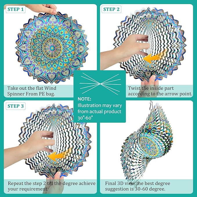 Wind Spinner Mandala Peacock Blue Ocean,Wind Spinner for Yard and Garden,Gifts for Women Mom Grandma Wife Father,12Inch 3D Kinetic Yard Art Decorations Outdoor&Indoor Christmas Decor