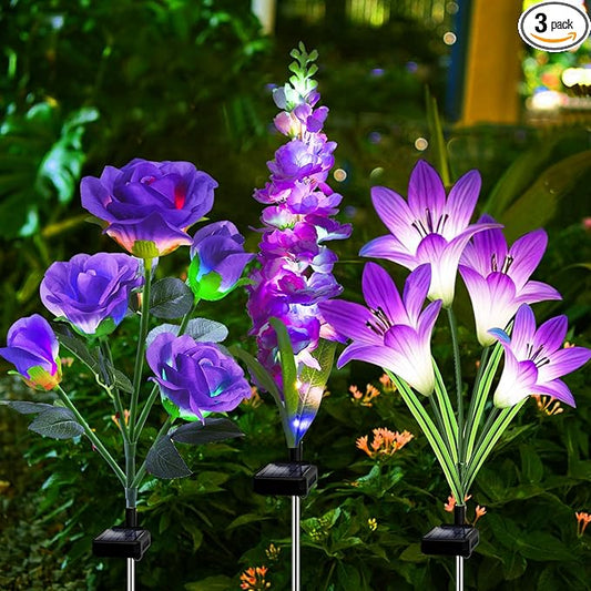 Solar Garden Lights Waterproof, 3 Pack Solar Flowers Lights Includes Lily Rose Delphinium,Gardening Gifts for Mom Grandma Women ,7-Color Changing Outdoor Decor Solar Lights for Garden Yard Patio Lawn