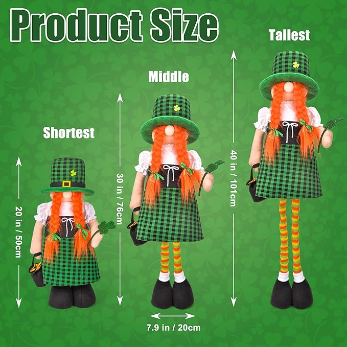 Large St Patricks Day Gnome Plush Decorations Outdoor, Cute Standing Saint Patricks Day Gnomes Gift Decor with Retractable Spring Legs, Placed Outside Yard/Porch/Garden/Indoor/Home/Office