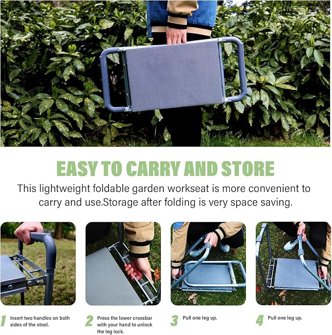 BESTHLS Garden Kneeler and Seat, Foldable Garden Stool Heavy Duty Gardening Bench for Kneeling Sitting to Prevent Knee & Back Pain, Tool Pouch Gloves Included Ideal for Women Seniors Mom Dad