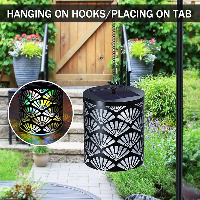 RGB Solar Lanterns Outdoor Waterproof Hanging Solar Lights Gifts for Men Women Metal Decorative LED Lanterns for Yard, Patio, Lawn, Tabletop, Pathway, Landscape, Garden Decor Fan Style(2 Pack)