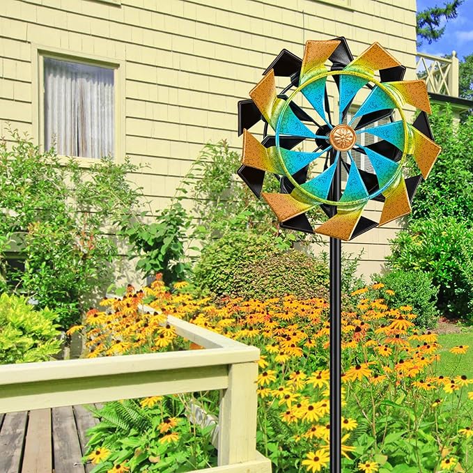 Outdoor 59 Inch Kinetic Wind Spinner, Double Blade Wind Sculpture with 5 Prong Base, Geometric Metal Windmill for Garden, Lawn & Patio Decoration (Colorful)