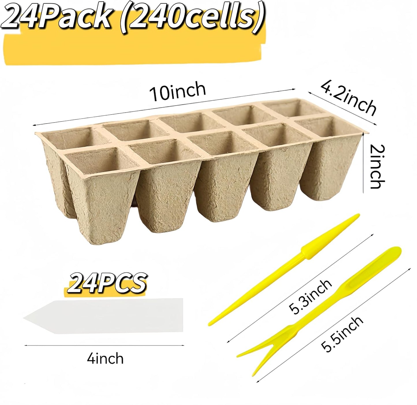 240 Cells Peat Pots Seed Starter Tray 24 Packs Biodegradable Seedling Pots Germination Trays Peat Pot for Seedling Organic Seed Starting Trays kit with 24 Labels 2 Transplant Tools