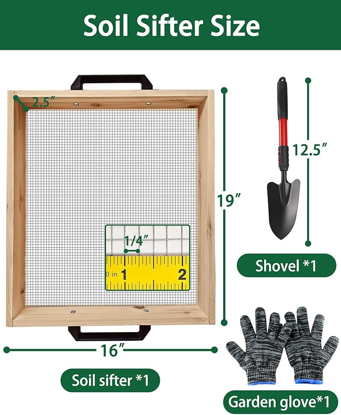 19" x 16" Large Soil Sifter, Soil Sifter for Gardening, Wooden Compost Sifter, Dirt Sifter, Rock Sifter, Soil Sieve with 1/4in Sifting Screen, Sifting Peat Moss Gravel for Wheelbarrow Trowel Tool Set