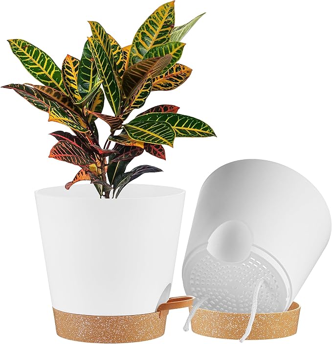 FaithLand 2-Pack 9 Inch Planter Pots for Indoor Outdoor Plants, Self Watering Flower Pots with Deep Reservoir, White with Terracotta …