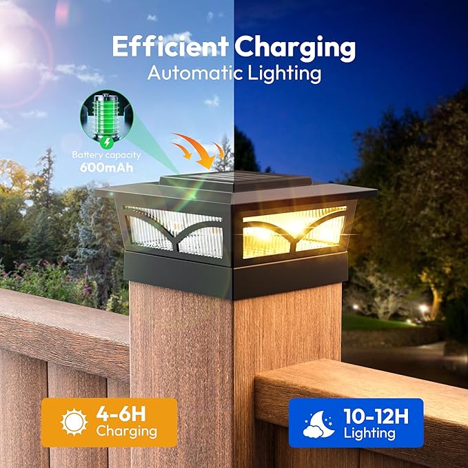 NIORSUN Solar Post Cap Lights Outdoor, 2 Modes LED, Deck Fence Post Solar Lights for 3.5x3.5 4x4 Caps Patio Garden Decoration, Warm White/Cool White Lighting Black 6 Pack