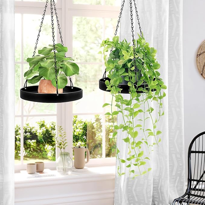 Plant Hanger Indoor Outdoor, Hanging Planter Baskets for Outdoor Indoor Plants, Hanging Plant Holder, Hanging Tray for Plants, Metal Window Plant Hanger, Black Hanging Plant Shelf, 2 Pack