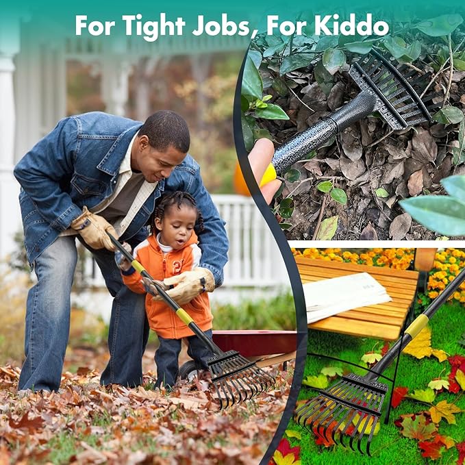 Rake, 73 Inch Long, 11 Tines Small Metal Garden Rake for Leaves, Heavy Duty 9 Inch Wide Rakes for Lawns, Yard Leaf Rake for Gardening , Flower Beds, Shrub, Kids Rake