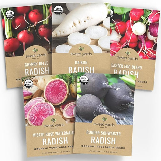 Organic Radish Seeds Variety Pack - 5 Individual Packs - 2025 Season - Cherry Belle, Easter Egg, Misato Rose and More! for Indoor & Outdoor Planting (Non-GMO, Certified Organic)