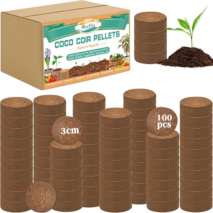 ZeeDix 100 Pcs (30mm) Compressed Coco Coir Fiber Potting Soil Seed Starters - Organic Coco Coir Pellet Fiber Soil for Planting Bonsai, Herbs, Plants, Flowers and Vegetables
