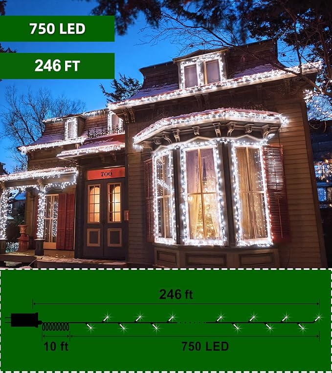 750 LED Outdoor Christmas Lights Decorations, 246ft Green Wire LED Christmas String Lights with Timer Memory, Twinkle Lighs for Indoor Outdoor Xmas Party Christmas Tree Wedding Garden Patio Cool White