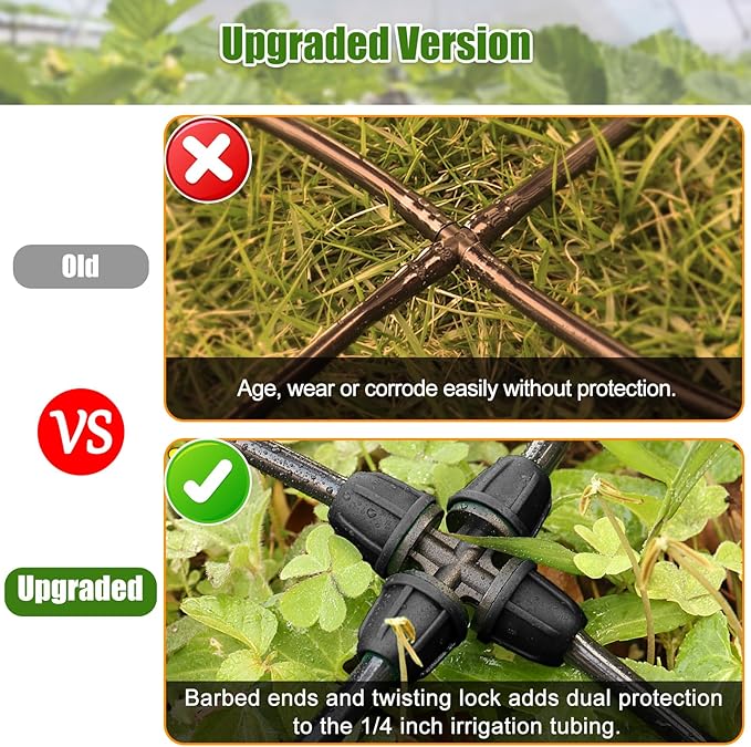 JAYEE Drip Irrigation Fittings 1/4 Inch, 25 Pcs Lock Barbed 4 Way Cross for ¼ in. tubing, Drip Line Connectors Couplings Irrigation Parts for Drip Sprinkler Garden Lawn Watering Systems, Black