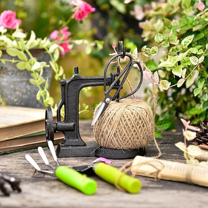 Sungmor Cast Iron Twine Holder and Scissors Set, Vintage Jute Twine Garden String Holder, Decorative Twine Dispenser with Cutter for Crafting, Gardening, Gift Wrapping, Sewing Machine Shape
