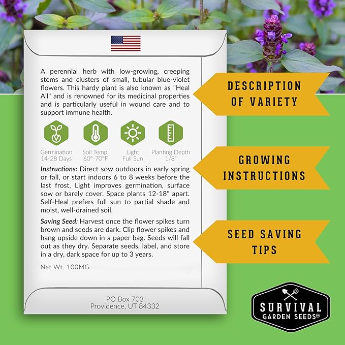 Survival Garden Seeds Selfheal Seed for Planting - 3 Packs with Instructions to Plant & Grow All-Heal Perennial Herb Plants in Your Home Flower & Herb Garden - Non-GMO Heirloom Variety