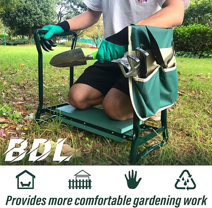 BDL Garden Kneeler Seat with Upgraded Thicken Kneeling Pad and 1 Large Tool Pouch, Foldable Stool 330lb Capacity-Protects Your Knees, Clothes from Dirt & Grass Stains