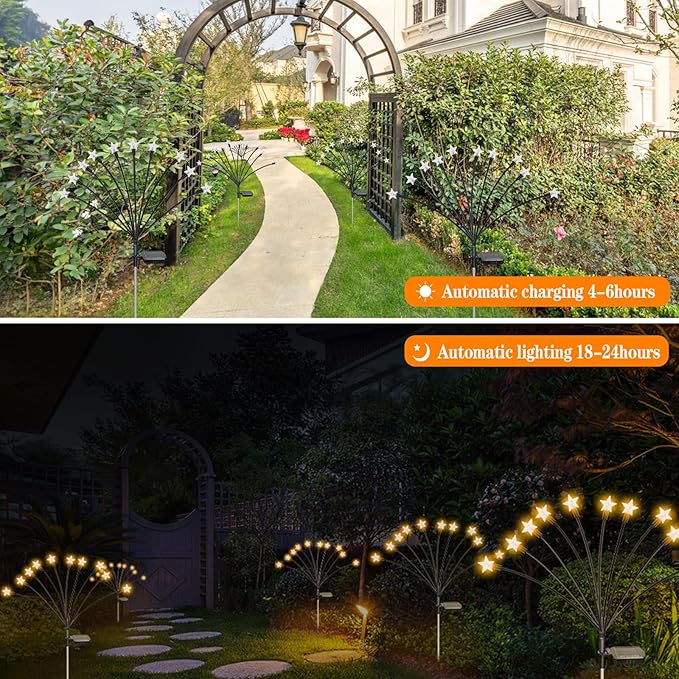 4 Pack Star Solar Firefly Lights, 10 LED Garden Lights,Solar Swaying Lights,Outdoor Waterproof Firefly Path Lights for Pathway Yard Walkway Patio Decoration, Warm White