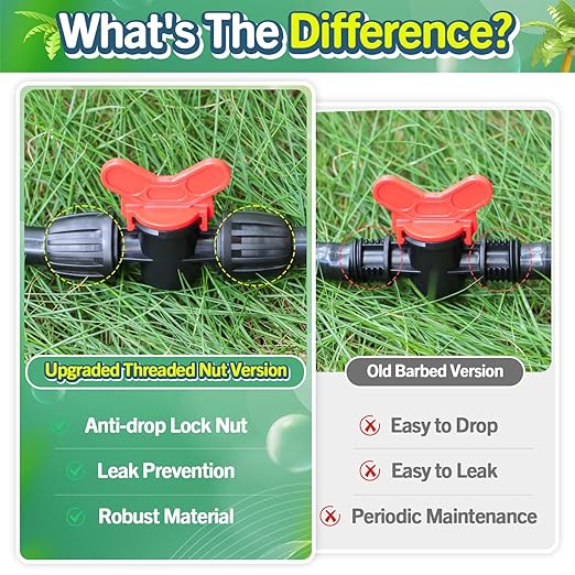 12 Pack Drip Irrigation Shut Off Valve Fittings for 1/2 Inch Drip Tubing(1/2" ID x 0.65" OD), Anti-drop Barbed 1/2'' Drip Line Ball Valve Connectors with Lock Nut for Garden Irrigation System