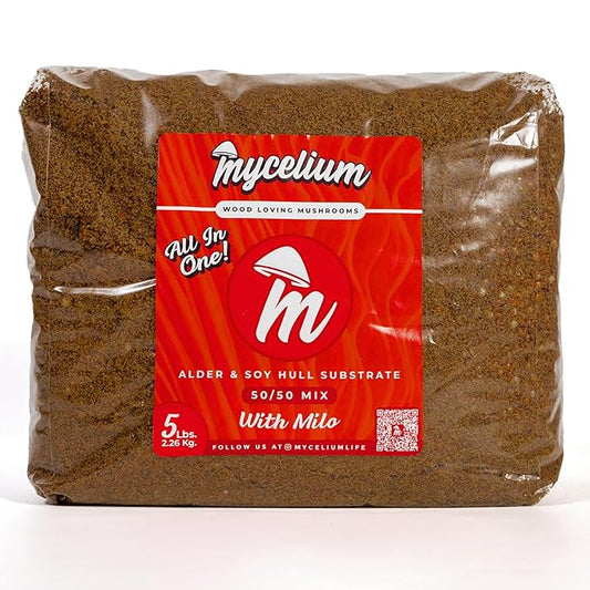 Mycelium Gourmet Mushroom All-in-One Bag - Premium Organic 5LB Blend of Alder & Soy Hull Substrate with Sterilized Milo Grain - Perfect for Variety of Wood-Loving Mushrooms - Home Growing Made Easy