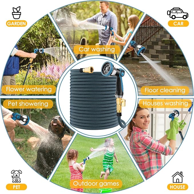 Non-Expanding Garden Hose 50 ft, Flexible Kink Free Water Hose with 10 Watering Spray Nozzle, Lightweight Hose Pipe, Leak-Proof, Durable, 3/4" Brass Alloy Connector, Portable Storage Strap