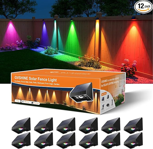 12 Pack Color Changing Solar Powered Fence Lights Outdoor Decorative LED Waterproof Yard Lighting for Outside Wall, Deck, House Patio, Rail, Stair, Backyard, 8 Colorful Modes, Easy 1-Min Installation