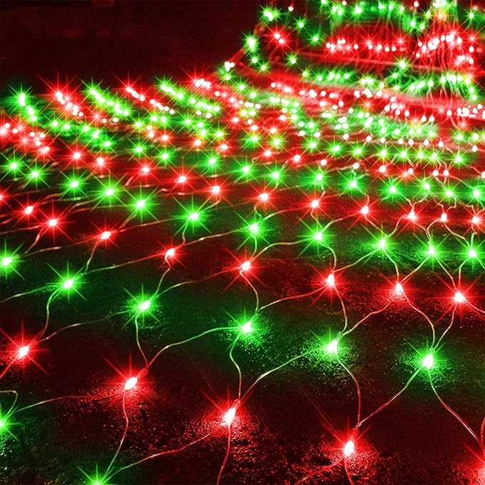 WATERGLIDE Outdoor Christmas Net Lights, 12FT x 5FT 360 LED Mesh String Light with 8 Lighting Mode, Connectable Waterproof Lights for Garden Tree Bushes, Holiday Wedding Party Decoration, Red & Green