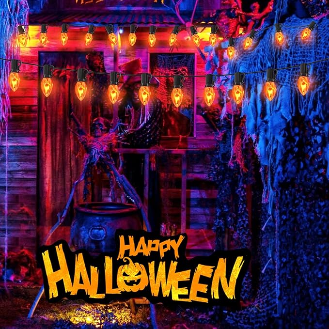 Flickering Flame String Lights with 27 C7 Clear Orange Flame Blubs (2 Spare), 25FT Vintage String Lights for Indoor Outdoor Halloween Decorations Party Black Wire