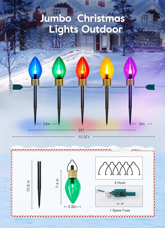 Jumbo C9 Christmas Lights Outdoor Decorations Lawn with Pathway Marker Stakes, 8.5 Feet String Lights Covered Jumbo Multicolored Light Bulb for Holiday Time Outside Yard Garden Decor, 5 Lights