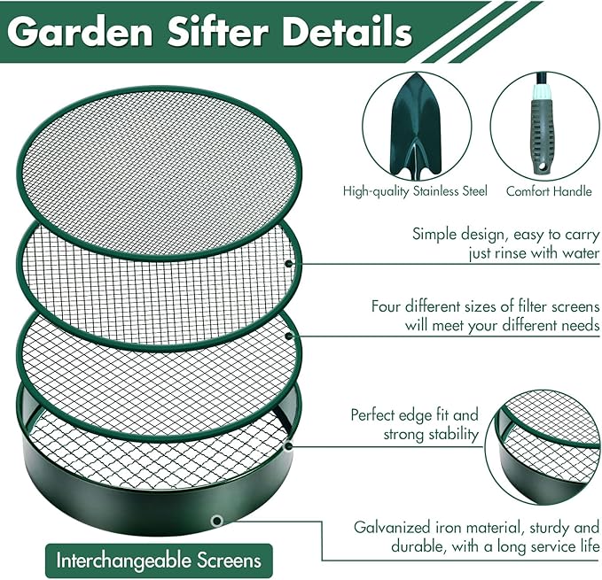 Soil Sifter, 11.8" Fine Mesh Stainless Steel Soil Sifter for Gardening, Compost Sifter with 4 Interchangeable Filter Mesh Sizes 3,6,9,12mm and Shovel, Soil Sieve for Sand Rocks Dirt Compost