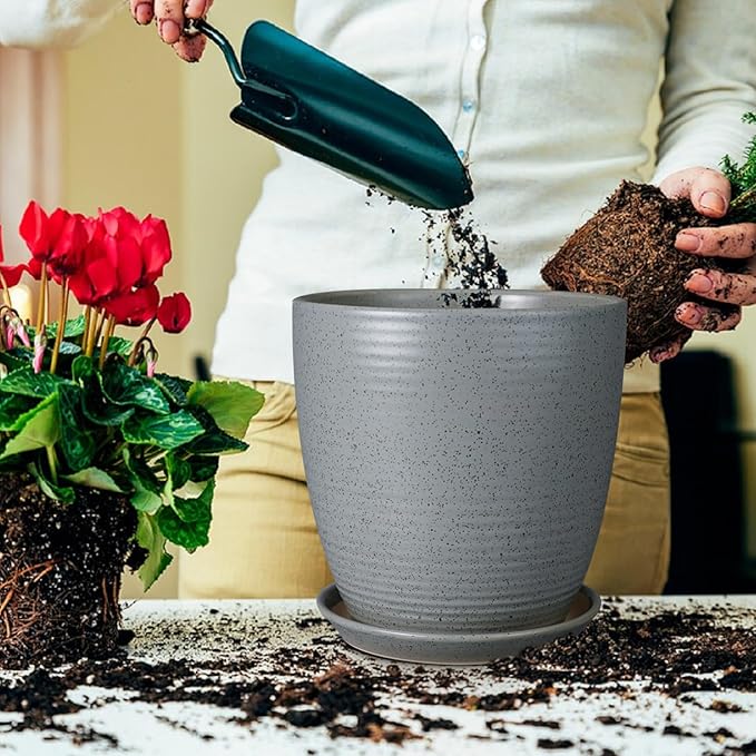 10 Inch Plant Pot, Ceramic Planters for Indoor Plants with Drainage and Saucer, Large Flower Pot for Home and Garden Decor, Light Gray