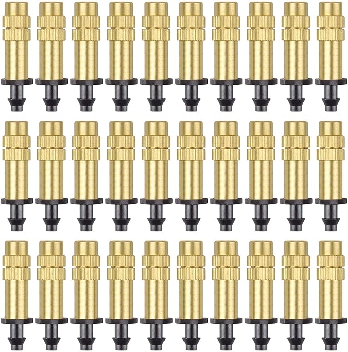 30PCS 1/4" Adjustable Copper Atomizing Nozzle Kalolary Drip Irrigation Sprayer 4/7mm Atomizing Micro Sprinkler Garden Cooling Irrigation Equipment for Lawn Vegetables Greenhouse