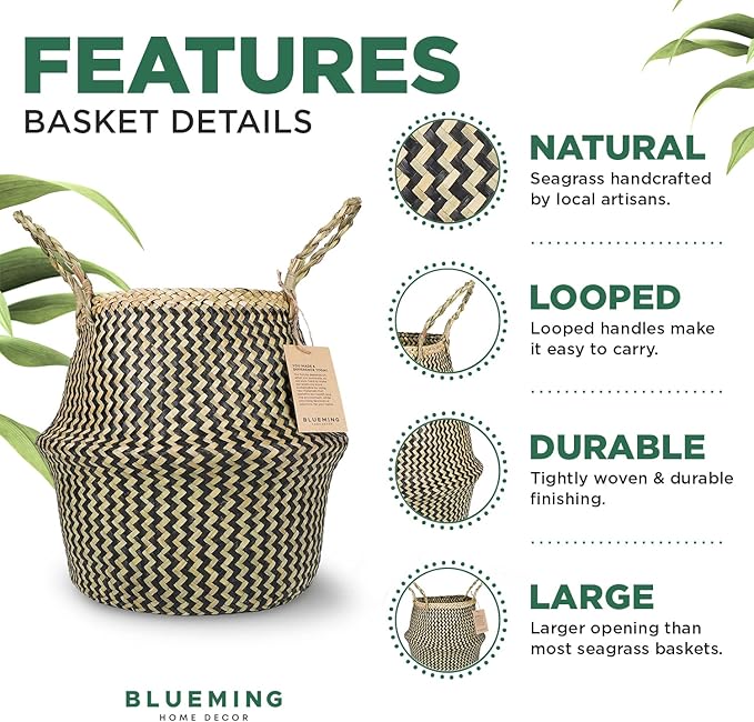 Plant Baskets – Large Seagrass Pot for Tall Indoor Faux Olive Tree, Woven Wicker Rattan Planter for Boho Basket 9-10 Inch (Black, Large)