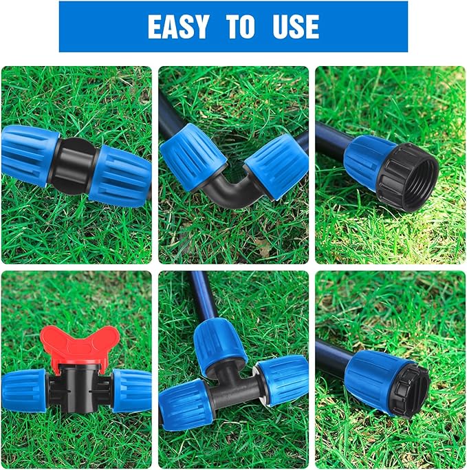 32 Pcs 1/2" Tubing Irrigation Fittings Kit 1/2" ID x 0.6-0.63" OD 16 mm Drip Irrigation Barbed Connectors 4 Switch Valves, 8 Tees, 8 Couplings, 4 Elbows, 4 Ends, 4 Adapters (Blue)