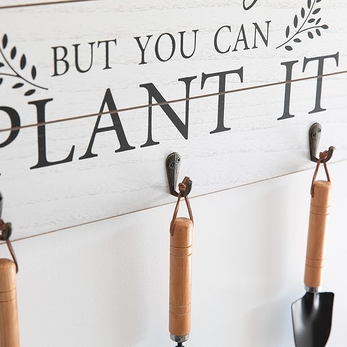 COLLECTIVE HOME - Garden Decor with Tools, Inspirational Wood Hanging Signs, Garden Tools Set - 3 Piece, Out Door Decor with Hooks, You Can't Buy Love BUT You CAN PALNT IT, 15.75"x9.5" (White)