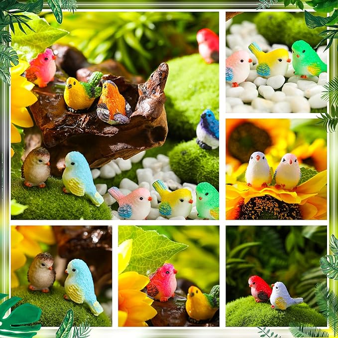 Wenqik 100 Pcs Mini Resin Bird Figurines Miniature Small Birds Figurines Realistic Animal for Fairy Terrarium Craft Garden Accessories Home Ornament Micro Landscape Birthday Cake Toppers Decor