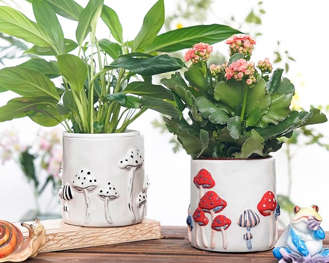 5 Inch Plant Pots Indoor, Unique Ceramic Pots for Plants with Drainage Hole, Cute Flower Pots for Indoor Plants, White Mushroom Planter Modern Decorative for Home Patio Garden