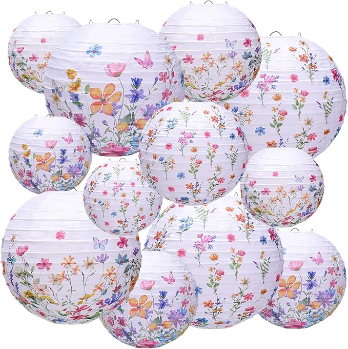 Riakrum 12 Pcs Wildflower Paper Lantern Set Floral Party Decorations Flower Paper Round Lanterns Wildflower Lantern Kit for Spring Baby Shower Bridal Shower Wedding Birthday Tea Party Supplies