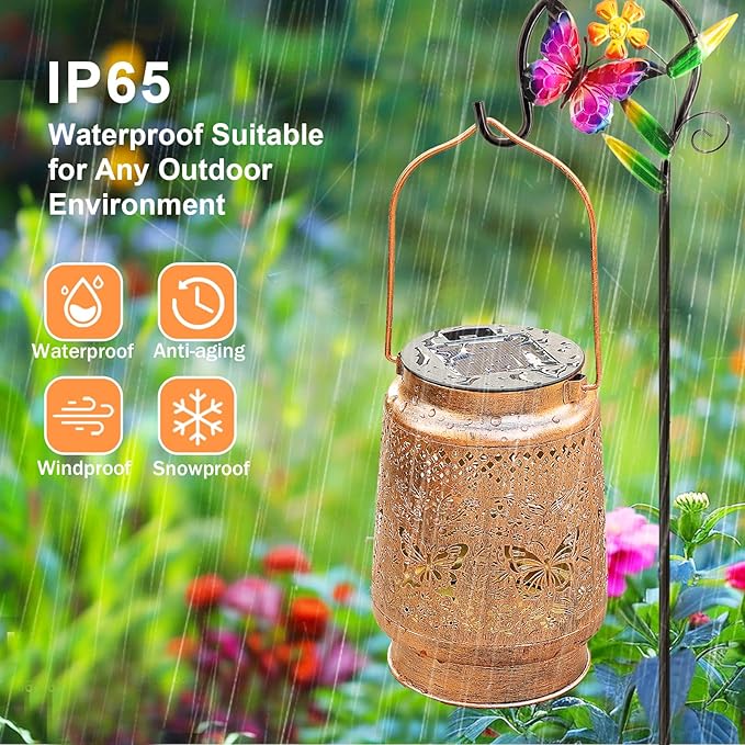 2 Pack Solar Lanterns Outdoor Garden Decor with Shepherd Hook, Gardening Gifts for Mom Grandma Women Butterfly Metal Decor Lantern Waterproof Solar Lights LED Decorative for Garden Yard Patio