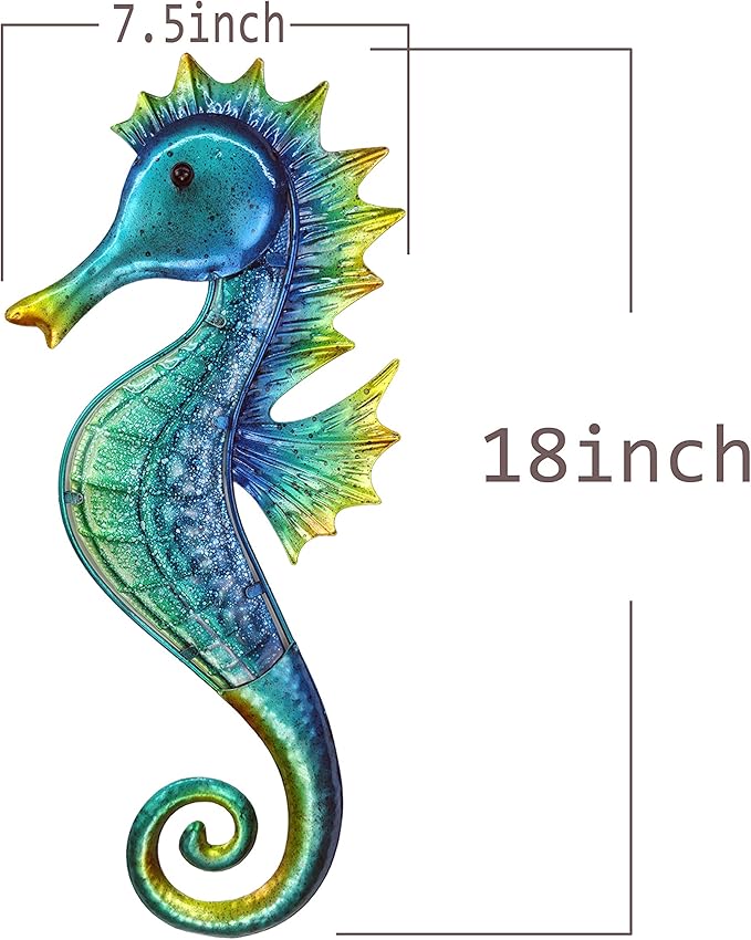 JOYBee 18inch Metal Large Seahorse Wall Art Decor,Christmas Decorations,Bathroom Ocean Glass Art Outdoor Hanging Beach Theme Decorations for Outdoor Indoor Kitchen Garden Patio,Porch or Fence