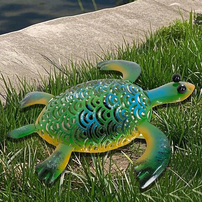 Natelf Solar Powered Turtle Statue Outdoor Decor Metal Animal Yard Art Waterproof Outdoor Sculptures for Patio, Yard, Balcony, Yard Ornament - Unique Housewarming Gifts