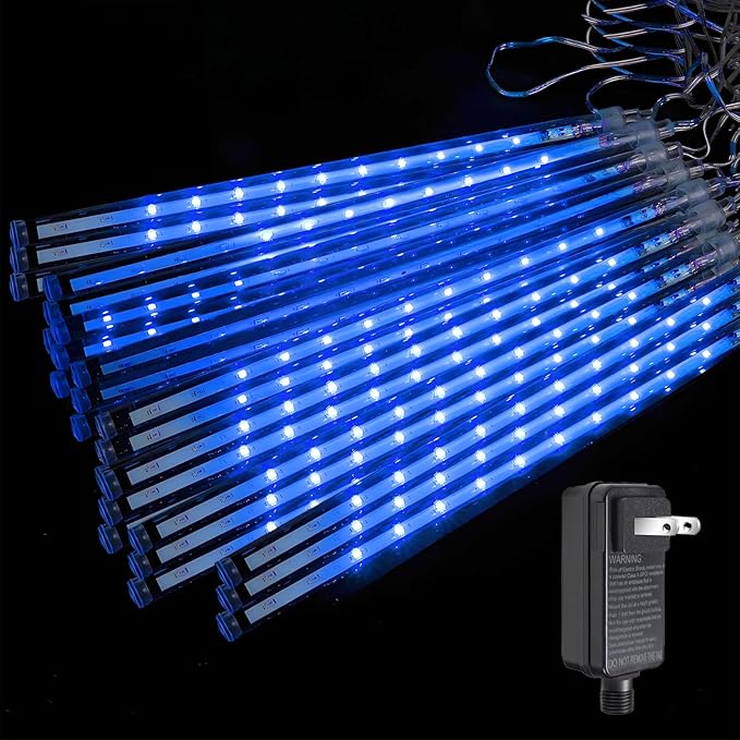 Christmas Lights Outdoor Meteor Shower Lights 24-Tube 576LEDs Snow Falling Rain Cascading Icicle Light for Xmas Tree Christmas Decorations Wedding Party Holiday Garden Decor, UL Plug Blue