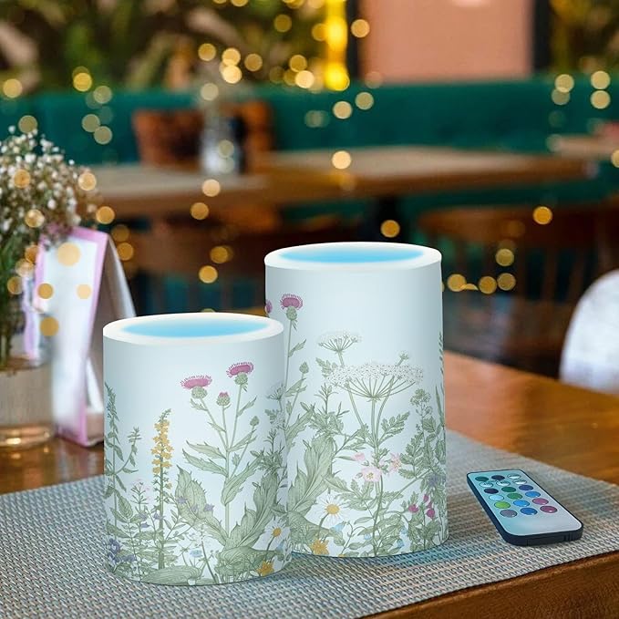 Flickering Flameless Candles, Flowers Herbs Wildflowers Botanical LED Candles with Remote Timer, Set of 2 Battery Operated Candle for Valentine Wedding Birthday