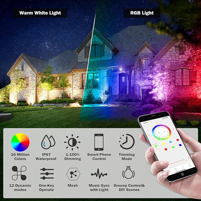 Smart Outdoor Lights,15w Backyard Lights with US Plug,12V APP Control Colored Spotlights with Waterproof,Dimmable Garden Lights with Timer,Outdoo Lights for Yard with Music Sync（NO Remote）