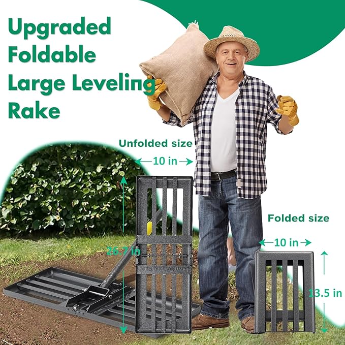 Lawn Leveling Rake, Foldable 26.7"x10" Level Lawn Tool with Curved Edge, 7FT Heavy Duty Lawn Level Tool, Long Handle Lawn Leveler for Yard Garden Golf Course, Soil Sand Dirt Spreading Leveling Rake