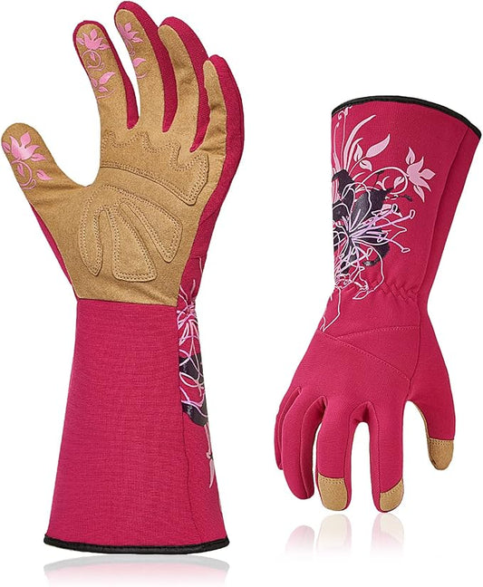 Vgo... 1-Pair Ladies' Synthetic Leather Gardening Gloves, Long Sleeves Gauntlet, Breathable & Grip Work Gloves, High Dexterity, Washable (Size S, Red, SL7445)
