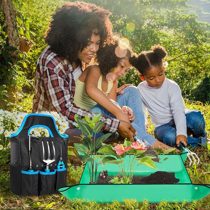 Garden Tool Set with Non Slip Rubber Grip,11 Piece Stainless Steel Gardening Tool Sets,Heavy Duty Outdoor Hand Tools Kit,Durable Tote Bag,Repotting mat,Uprooting Weeding Tool,Ideal Gifts for Women Men