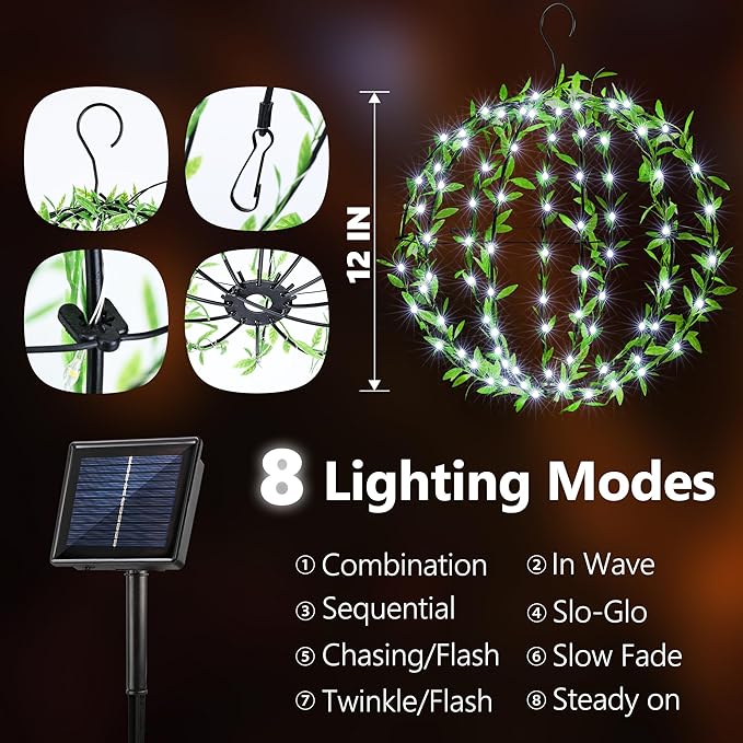 Solar Powered Hanging Iron Sphere Lights with Artificial Greenery – 12Inch 120 LED Waterproof Outdoor Decor Ball Light with Timer & 8 Modes – 2 Pack for Garden, Christmas, Weddings (Cool White)